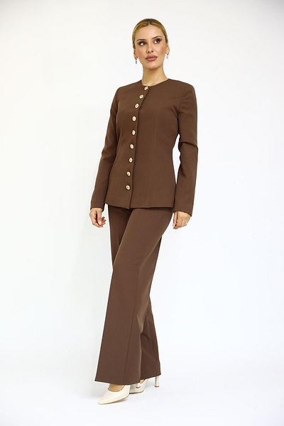 ÖNDER ÖZSOY Chestnut Colored Neck Buttoned Belted Jacket and Wide Leg Trousers Set