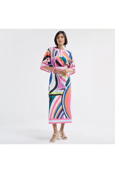 FAV All-Over Print Round Neck Kaftan Dress with Tie-Up Belt and Slit Detail