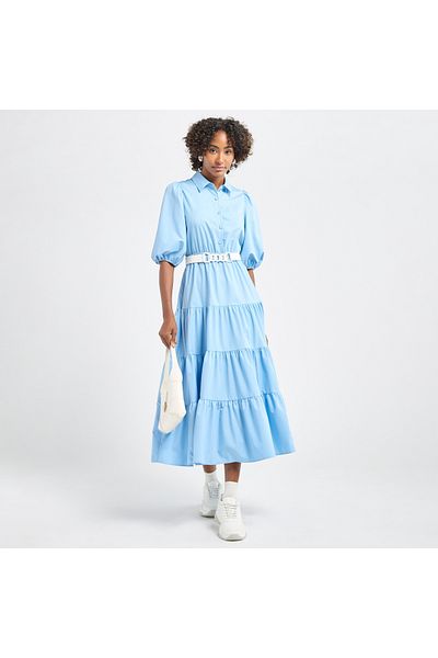 FAV Plain Tiered Shirt Dress with Puff Sleeves