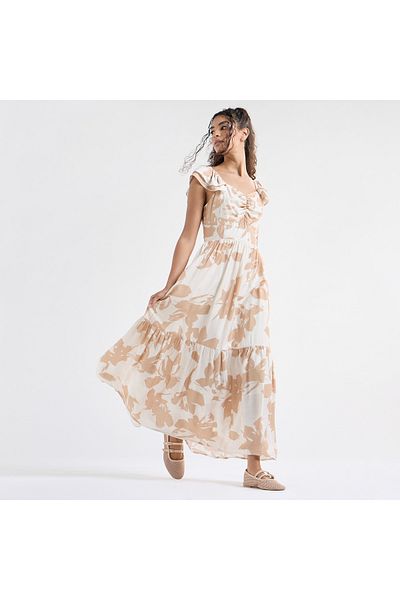 FAV Printed Maxi Dress with Sweetheart Neck and Ruffle Sleeves
