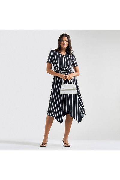 FAV Striped Asymmetric Hem Collared Midi Dress with Belt and Short Sleeves