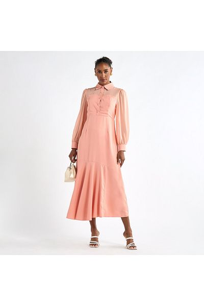 FAV Solid A-line Shirt Dress with Long Sleeves