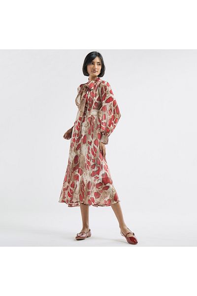 FAV All-Over Print Belted A-line Dress with Long Sleeves