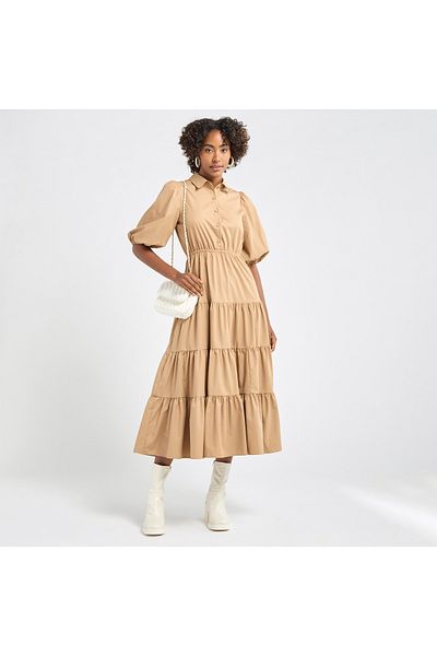 FAV Plain Tiered Shirt Dress with Puff Sleeves