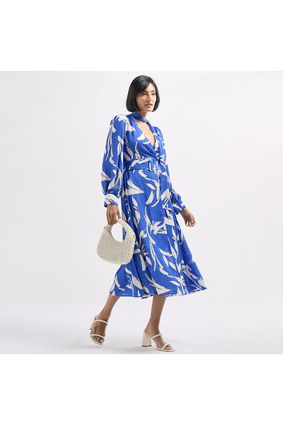 FAV All-Over Print Belted A-line Dress with Long Sleeves