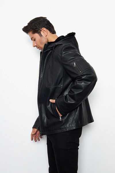 By Marki Marki Men's Black Leather Coat - Vintage Style, Hood, Zipper and Snap, Fur Lining