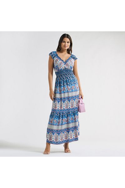 FAV All-Over Print V-neck Tiered Dress with Cap Sleeves