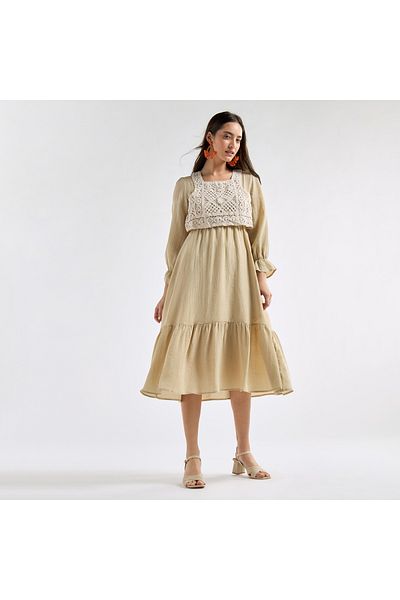FAV Panelled A-line Dress with Square Neck and Bell Sleeves