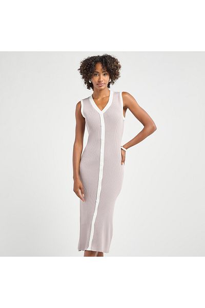 FAV Ribbed Sleeveless Button Down Dress with V-neck