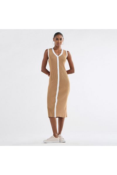 FAV Ribbed Sleeveless Button Down Dress with V-neck