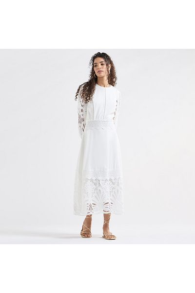 FAV A-line Midi Dress with Long Sleeves and Lace Detail