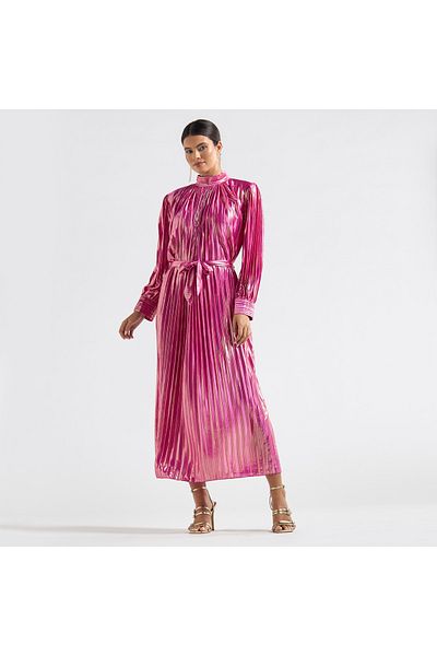 FAV Pleated High Neck A-line Dress with Long Sleeves and Tie-Up Belt