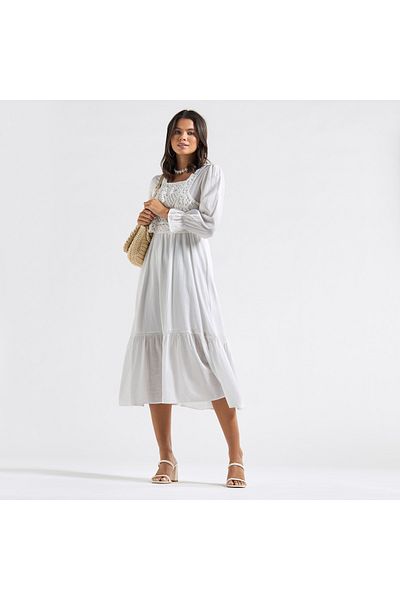 FAV Panelled A-line Dress with Square Neck and Bell Sleeves