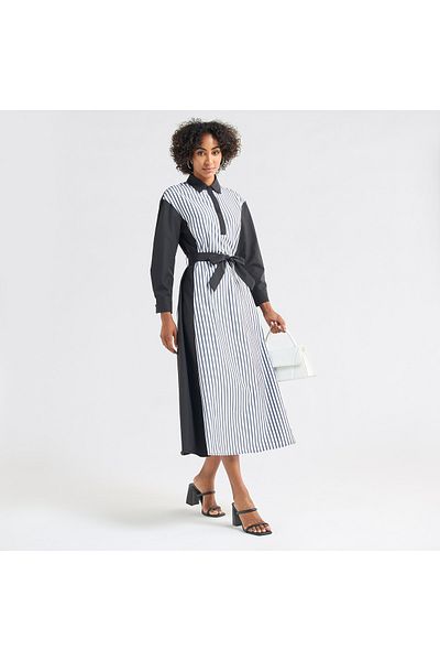 FAV Striped Midi Shirt Dress with Long Sleeves and Tie-Up Belt