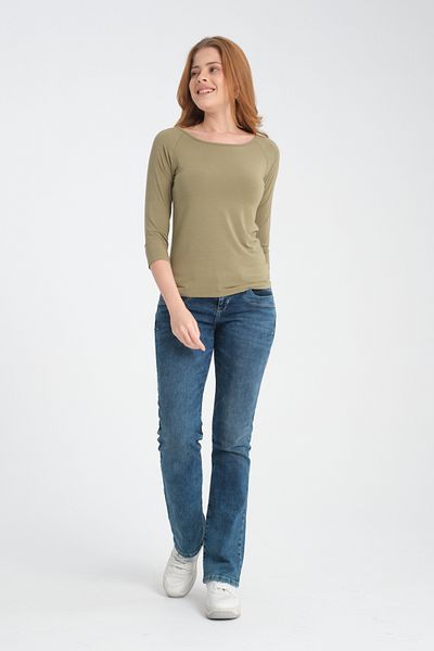 pour la riviere Three Quarter 3/4 Sleeve Women's Basic Crew Neck Body Wrap Flexible Blouse