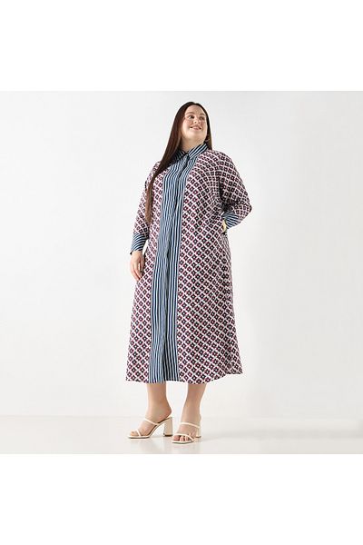 Ulla Popken Plus Size Ulla Popken Geometric Print Shirt Dress with Long Sleeves