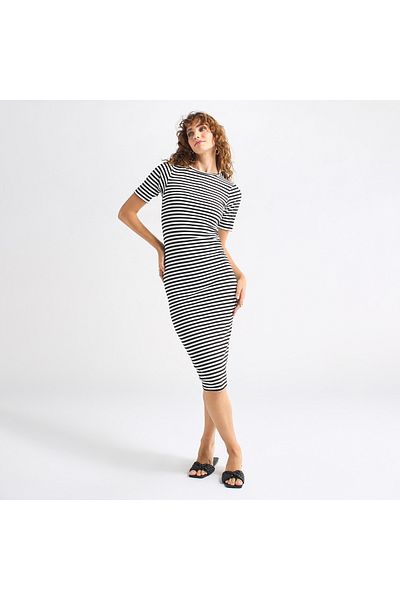 FAV Striped Bodycon Dress with Round Neck and Short Sleeves