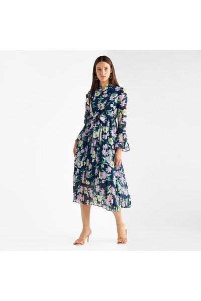 FAV Floral Printed Pleated Mandarin Collar Dress with Bell Sleeves and Tie-Up Belt