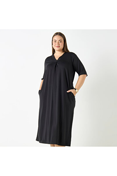 Ulla Popken Plus Size Ulla Popken V-neck Dress with Short Sleeves and Pockets