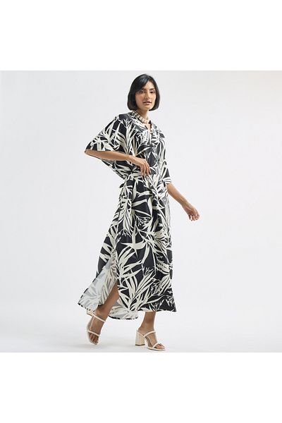FAV All-Over Tropical Print V-neck Kaftan Dress with Tie-Up Belt and Slit Detail