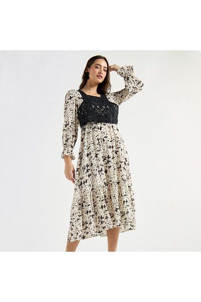FAV Panelled A-line Dress with Square Neck and Bell Sleeves