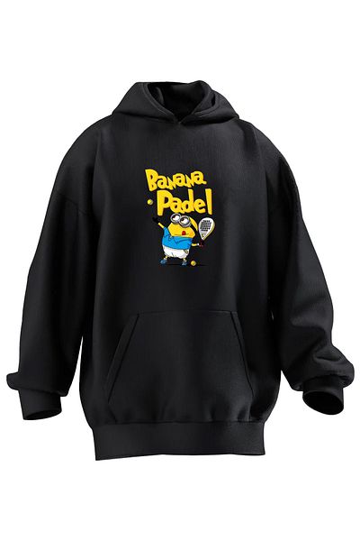 NMG TEKSTİL Hanorac cu glugă unisex din bumbac premium negru Banana Padel Petite cu 3 fire