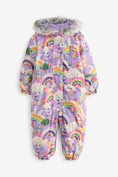 Next Baby Waterproof Faux Fur Decorated Printed Purple Unicorn Snow Jumpsuit