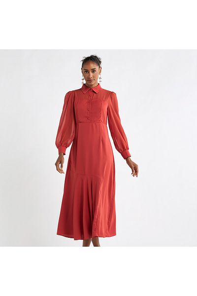 FAV Solid A-line Shirt Dress with Long Sleeves