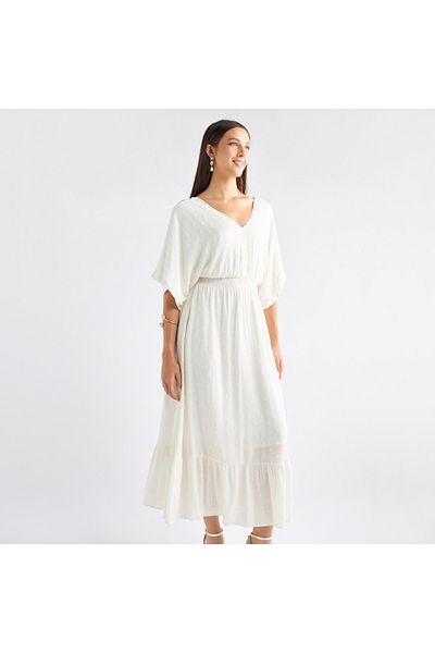 FAV Textured V-neck Dress with Extended Sleeves and Flounce Hem