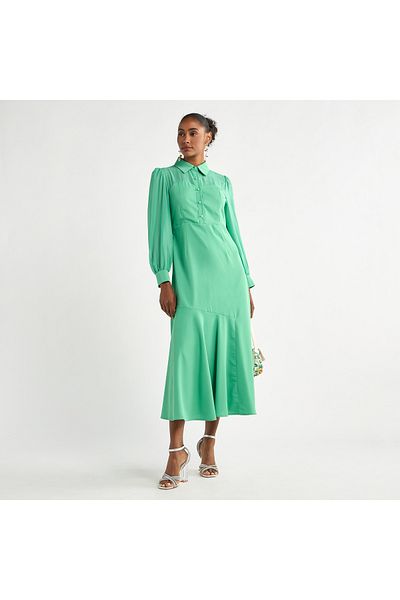 FAV Solid A-line Shirt Dress with Long Sleeves