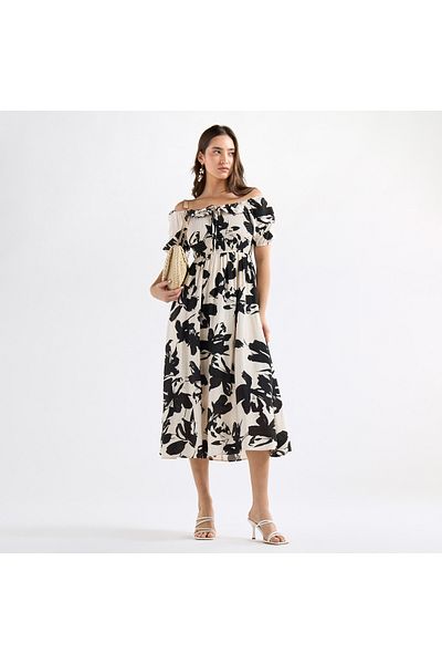 FAV All-Over Print A-line Dress with Shirred Detail and Tie-Ups