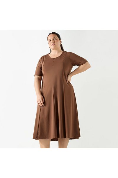 Ulla Popken Plus Size Ulla Popken Solid Midi Dress with Short Sleeves and Zip Closure