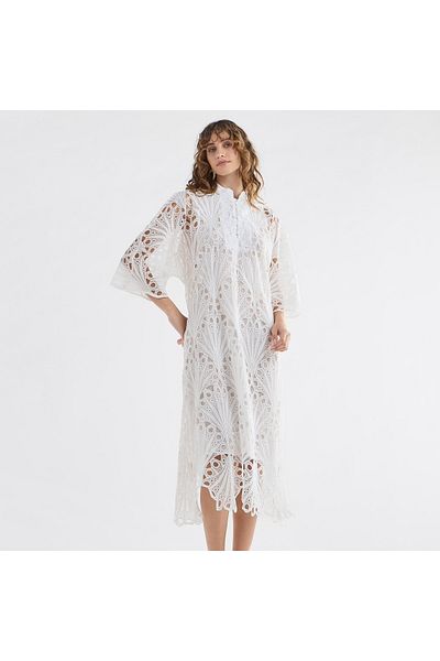 FAV Lace Detail A-Line Dress with High Neck and Short Sleeves