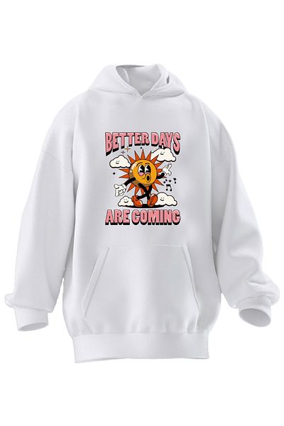 NMG TEKSTİL Φούτερ με κουκούλα Unisex Premium Βαμβακερό Λευκό Better Days Coming με στάμπα 3 νημάτων