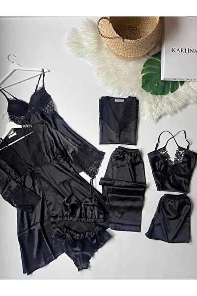 KARLİNAX İpeksi Saten Siyah Dev 8 Parça Gecelik Sabahlık Pijama Çeyiz Seti