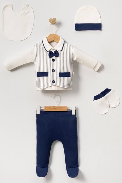 Cherub Baby Pocketed Vested Striped Model Newborn Baby Boy 5 Piece Hospital Discharge Bodysuit Set