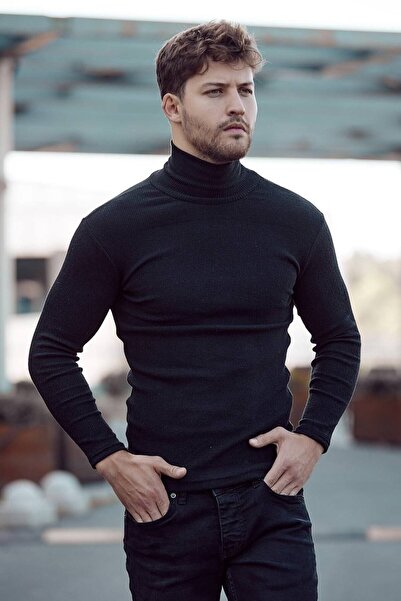 Genel Markalar Unisex Siyah Kalın Fitilli Kaşkorse Şardonlu Slim Fit Balıkçı Yaka Boğazlı Kazak
