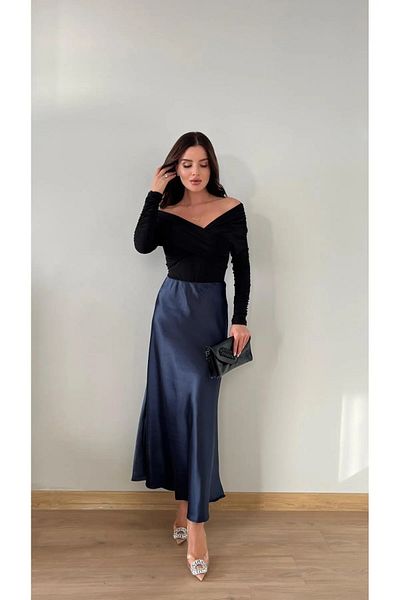 LUFES Satin lucios albastru bleumarin - Fusta A-Line pentru femei cu lungime maxi din Lycra, talie elastica
