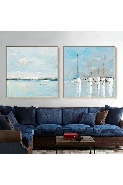 Linacci Set de 2 caiac cu cadru metalic auriu, poster marin, set de picturi pe sticlă