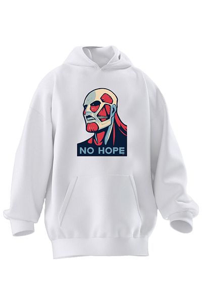 NMG TEKSTİL Hanorac cu glugă unisex din bumbac premium alb No Hope Attack on Titan imprimat cu 3 fire