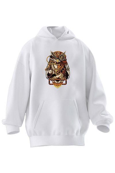 NMG TEKSTİL Φούτερ με κουκούλα Unisex Premium Βαμβακερό Λευκό Captain Owl με στάμπα 3 νημάτων