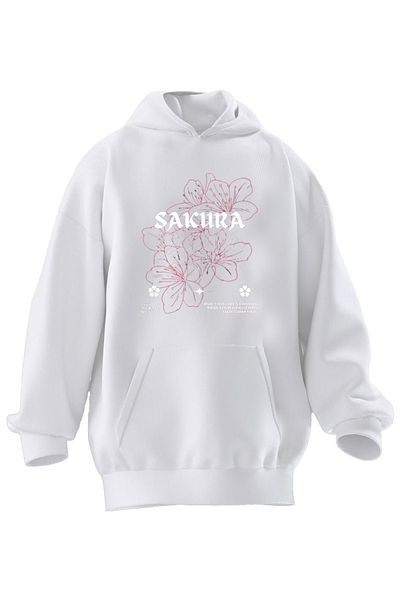 NMG TEKSTİL Unisex Premium Cotton White Sakura Flower Printed 3 Thread Hooded Sweatshirt