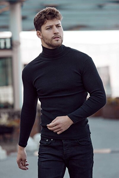 Genel Markalar Unisex Siyah Kalın Fitilli Kaşkorse Şardonlu Slim Fit Balıkçı Yaka Boğazlı Kazak