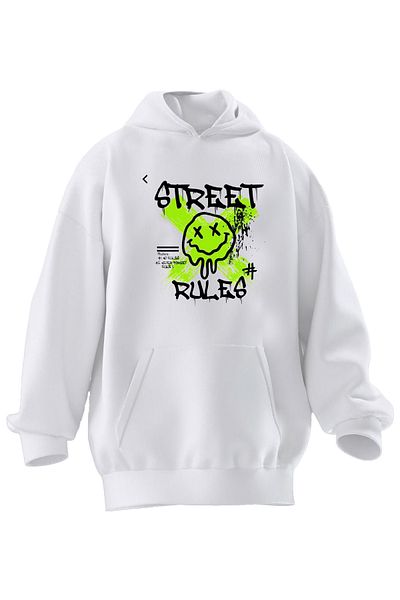 NMG TEKSTİL Hanorac cu glugă unisex din bumbac premium alb Street Rules imprimat cu 3 fire