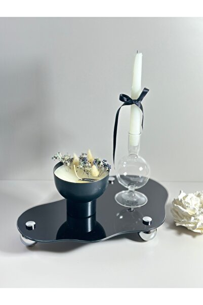 Shura Homeware Eğri Siyah Cam Tepsi   Metal Krom Ayaklı Dekoratif Düzenleyici...