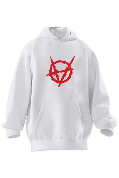 NMG TEKSTİL Φούτερ Unisex Premium Βαμβακερό Λευκό Anarchy Red με κουκούλα με 3 νήματα