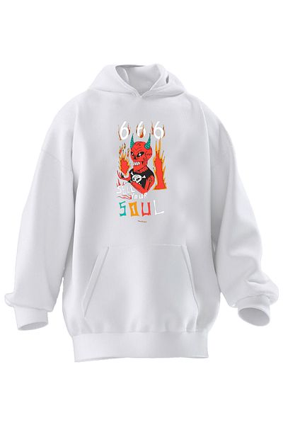 NMG TEKSTİL Unisex Premium Cotton White 666 Soul Devil Printed 3 Thread Hooded Sweatshirt