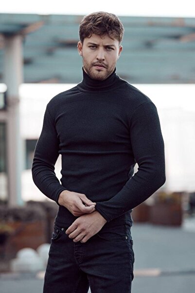 JAKARLI Pulover unisex, negru, cu nervuri groase, slim-fit