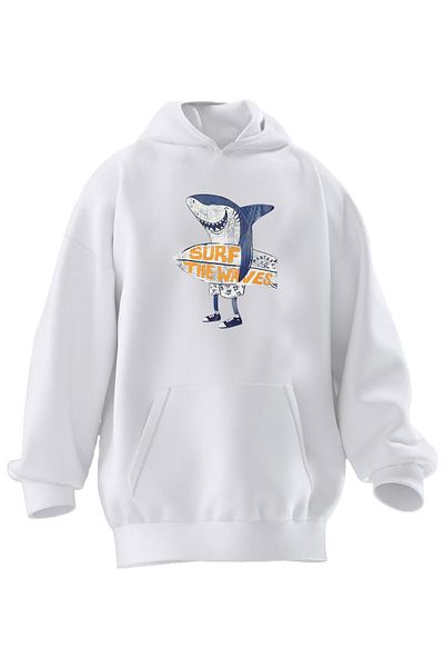 NMG TEKSTİL Φούτερ με κουκούλα Unisex Premium Cotton White Surf Wawes με στάμπα 3 νημάτων