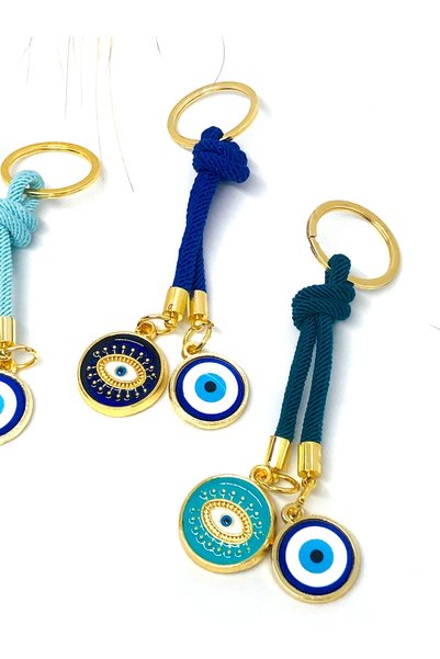 Azrua Petrol Green String Evil Eye Beaded Keychain, Blue Eye Keychain with String